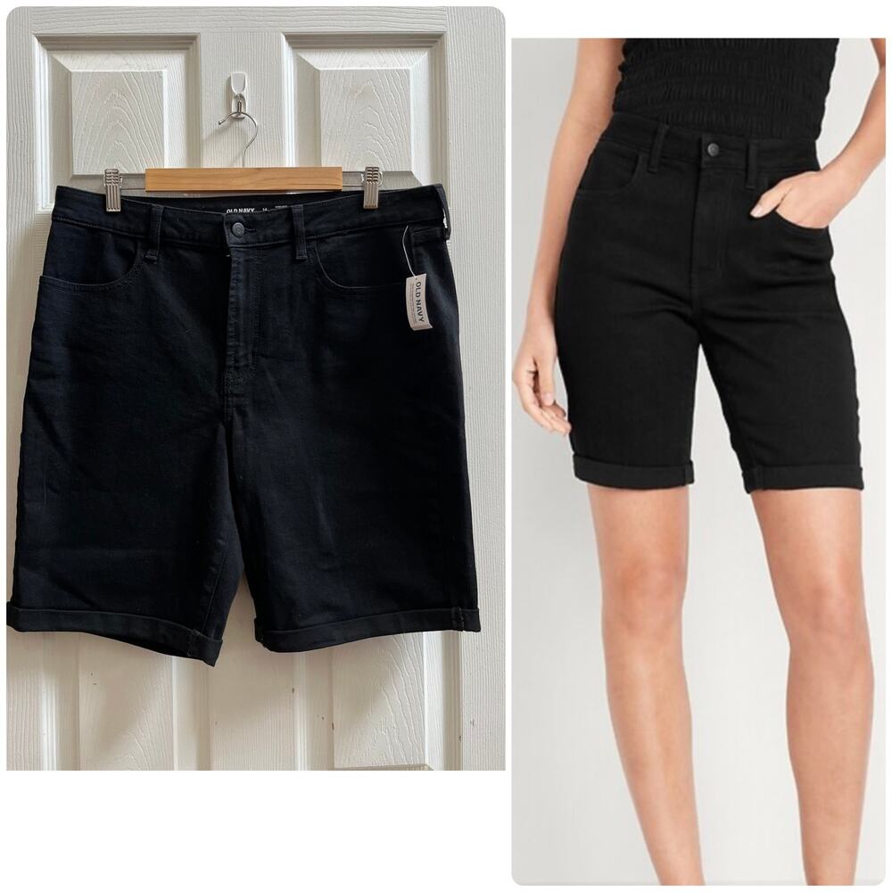 Old Navy New Black High Rise Wow OG 9 Inch Inseam Cuffed Shorts Size 14